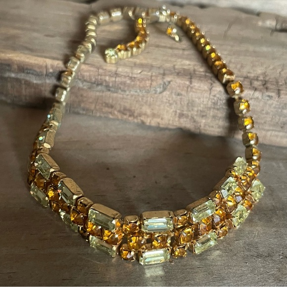 Rhinestone Choker Necklace Topaz Citrine Vintage - Picture 1 of 11